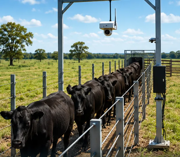 Cattle walking single file through a laneway under an overhead weighing camera