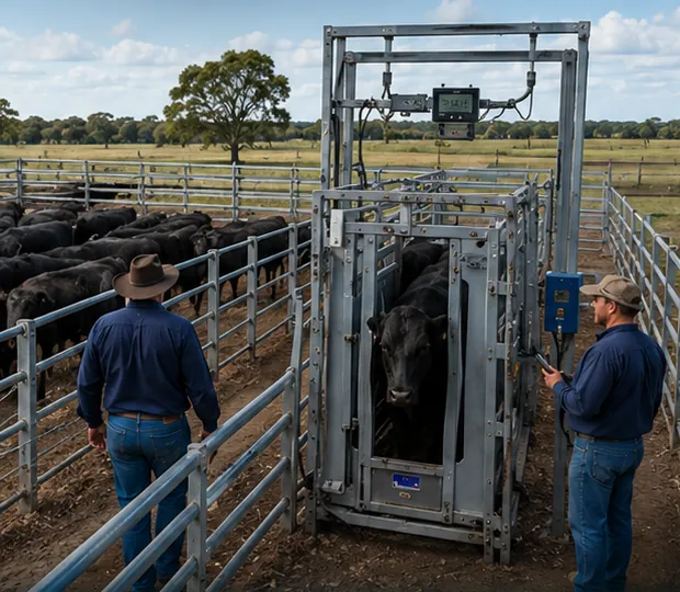Cattle held in a steel crush in the yards while two stockmen weigh them manually